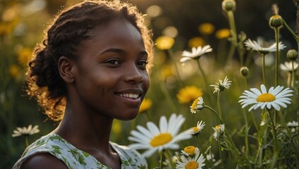 Girl of african descent standing amidst meadow of chamomile - obrazy, fototapety, plakaty