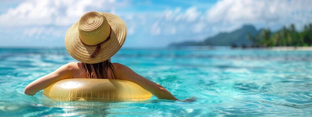 Woman relaxing in the sea with copy space