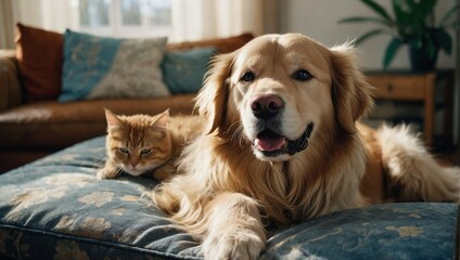 Fluffy golden retriever and a cat resting gracefully on a comfortable couch in a living room