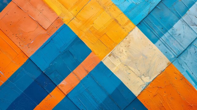 Colorful abstract painted wall tiles with intersecting blue and orange diagonal stripes, vibrant interior decor background, high-resolution texture