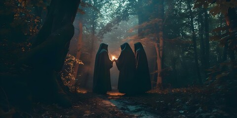 Witches in black cloaks performing ritual in dark forest creating spooky Halloween atmosphere. Concept Halloween, Witchcraft, Spooky Forest, Ritual, Black Cloaks