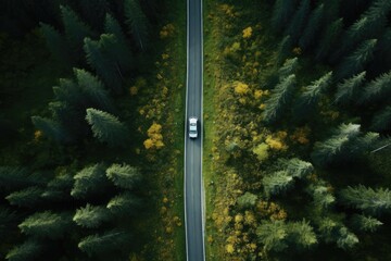 Aerial view of a single car driving along the curvy road going through a forest and mountains, top view of a car driving on the road in the forest, AI generated