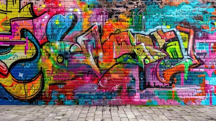 Obraz premium Colorful Graffiti Art Mural on Urban Brick Wall, Street Art Culture, Vibrant Spray Paint Design, Digital Illustration