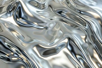 Shimmering liquid metal texture in silver gray with highlights, 3D rendering illustration