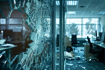 Shattered glass fragments in office, representing broken trust or security breach - obrazy, fototapety, plakaty