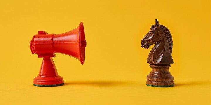 Megaphone and chess knight on yellow background, marketing strategy concept