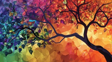 Colorful tree with hanging leaf branches forming an abstract pattern, digital art