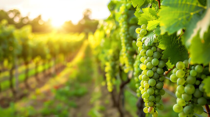 Ripe grapes in vineyard at sunset, closeup. Winemaking concept