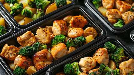Tasty chicken fillets with vegetables in plastic boxes, closeup - obrazy, fototapety, plakaty
