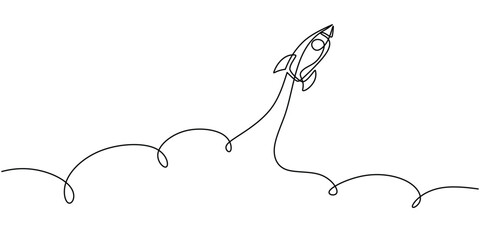 One continuous line drawing of Rocket space ship launch