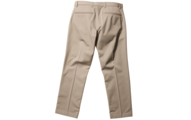 A pair of beige pants gently floats against a serene white background