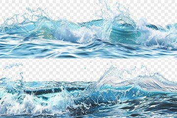 Set of clear water waves, cut out on transparent background