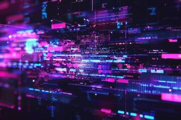 Obraz premium anaglyph and glitch art, with purple and blue on a black background, glitched out and pixelated, with digital lines of code floating around the letters Generative AI