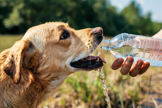 Human giving water from blastic bottle to thirsty dog in summer