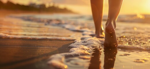 Bare feet walking on the beach at sunset. Close up of a woman's feet walking on the beach at sunset. Relax and holiday at beach, walking on the beach. - Powered by Adobe