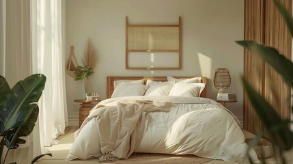 Cozy bedroom interior with coastal boho style decor and mockup frame, warm and inviting 3D rendering