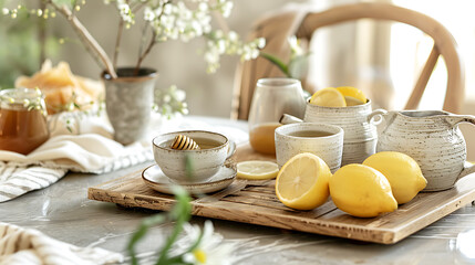 Cup of tea with lemon and honey on wooden tray in kitchen