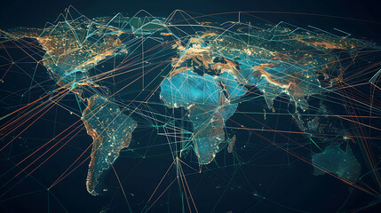 Global network connection on world map. Technology and communication concept - obrazy, fototapety, plakaty