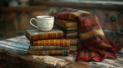 Fototapeten Vintage books with coffee mug on rustic wooden table. © pixcel3d