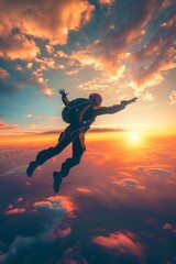 Sunset Skydive: Parachutist in Free Fall with Beautiful Sunset Sky - obrazy, fototapety, plakaty