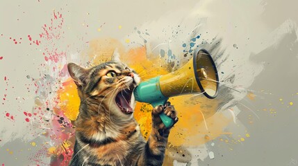Crazy cat with megaphone, art collage illustration for business promotion, communication and media concept