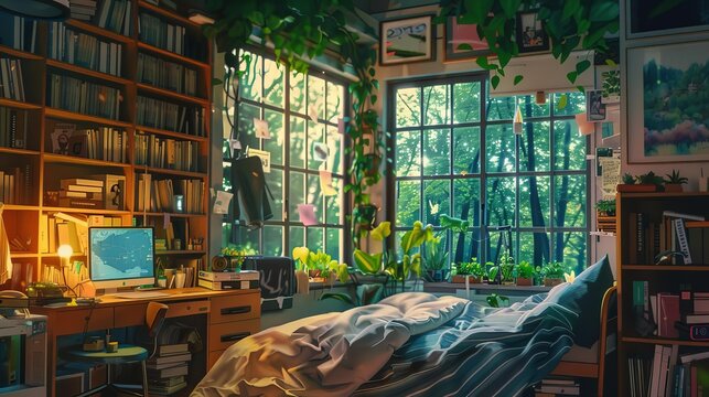 Cozy lofi bedroom interior with messy desk, window view of lush forest, vibrant anime manga style