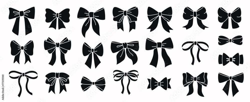 Wall mural Set of simple decorative holiday ribbon bows for gifts, to decorate hair on white background. Bow silhouette for gift wrapping for birthday, Christmas, New Year. Isolated Flat Vector EPS10