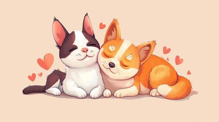 Cute cat and dog together, adorable animal friendship concept illustration, digital art