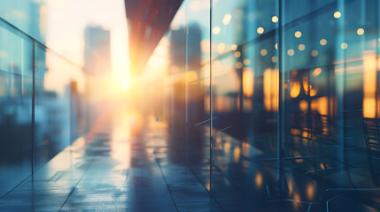 Fototapeta premium Cityscape of modern office building with glass windows and sunlight at sunset