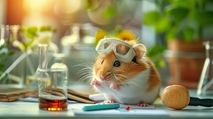 Cute hamster scientist wearing tiny lab coat and safety goggles, conducting adorable animal research experiment, digital art