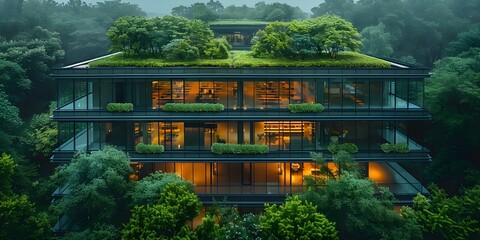 Bird's Eye View of a Contemporary Office Building with Glass Facade Amidst Lush Greenery. Concept Architectural Photography, Modern Building Design, Urban Green Spaces, Glass Facades, Bird's Eye View - obrazy, fototapety, plakaty