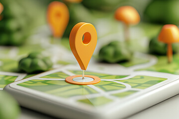 A large, orange map pin towers over a grid of streets on a digital map, symbolizing the pinpointing of a specific location. Navigation and location - obrazy, fototapety, plakaty