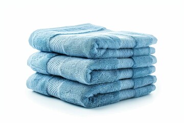 Stack of light blue towels isolated on white background, spa and wellness concept - obrazy, fototapety, plakaty