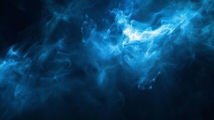 Dark blue abstract background with neon light rays and floating smoke, moody product display wallpaper