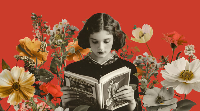 A girl surrounded by flowers reads a book. In the style of a retro postcard or poster. Red background.