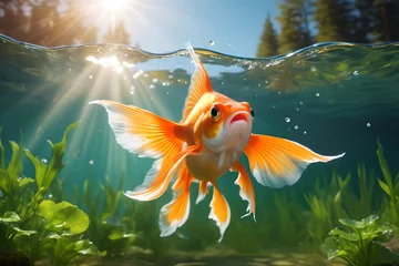 Fotobehang Beautiful goldfish swimming in the aquarium. © Maniockus