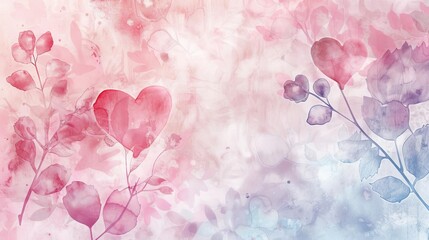 Delicate Floral Hearts in Soft Pastel Colors, Romantic Valentine's Day Background, Watercolor - obrazy, fototapety, plakaty
