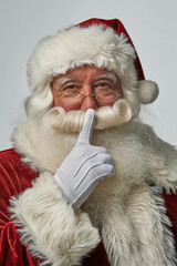 Friendly Santa Claus portrait making hush silence gesture with finger in front of mouth, wearing white gloves