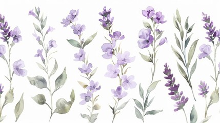 Fototapeta na wymiar Delicate watercolor arrangements with lavender flowers, wildflowers, leaves and branches, botanical wallpaper