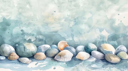 Fototapeta na wymiar Delicate watercolor illustration of smooth sea pebbles and shells on a soft blue background, serene marine art