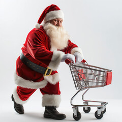 Santa Claus walking and pushing empty shopping cart, isolated on white