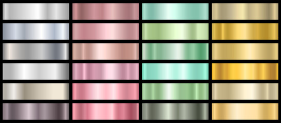 A set of colored metal gradients. Effects for the design of text and bulletin boards, infographics. Color gradients. The texture of a smooth metal surface. Vector EPS 10. - obrazy, fototapety, plakaty