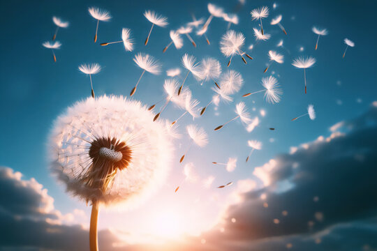 Dandelion seeds blowing in the wind across a dandelion field background, conceptual image meaning change, desire and free