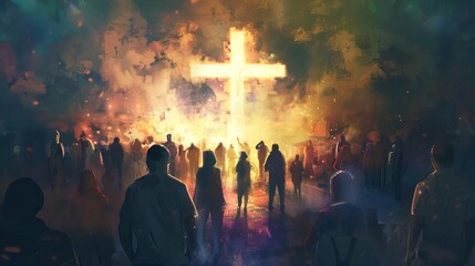 Diverse crowd around illuminated cross in modern painting style, Christian faith and unity concept illustration