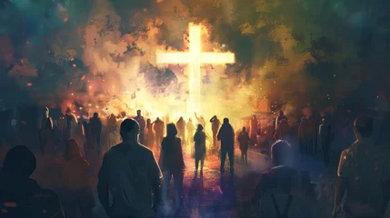 Poster Diverse crowd around illuminated cross in modern painting style, Christian faith and unity concept illustration © Jelena