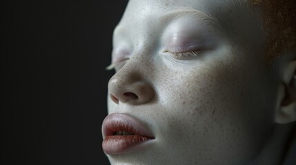 Profile of a person with albinism in contemplative mood on dark background. Close-up studio shot for design and print.