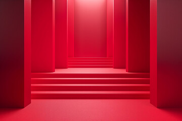 Monochromatic red corridor with symmetrical design.