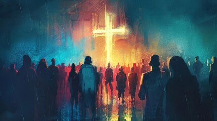 Diverse crowd around illuminated cross in modern painting style, Christian faith and unity concept illustration - obrazy, fototapety, plakaty