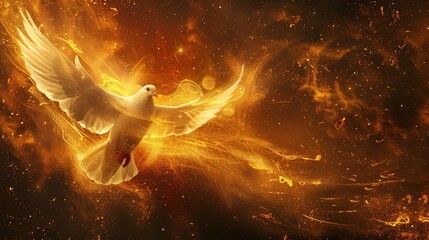 Dove with fiery wings symbolizing the Holy Spirit, religious New Testament representation with copy space, digital illustration - obrazy, fototapety, plakaty