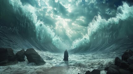 Dramatic biblical scene of Moses parting the Red Sea, ocean waves opening in 3D illustration - obrazy, fototapety, plakaty